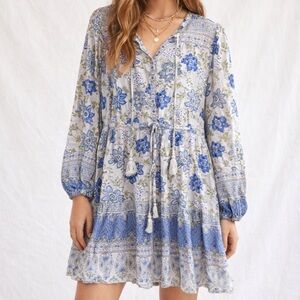 Peasant Babydoll LUCKY BRAND Blue Floral Print Tie Waist Rayon Tiered Mini Dress